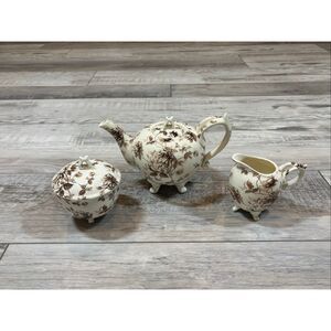 Brown Toile Collection Fine Porcelain Teapot Sugar Bowl and Creamer 3pc